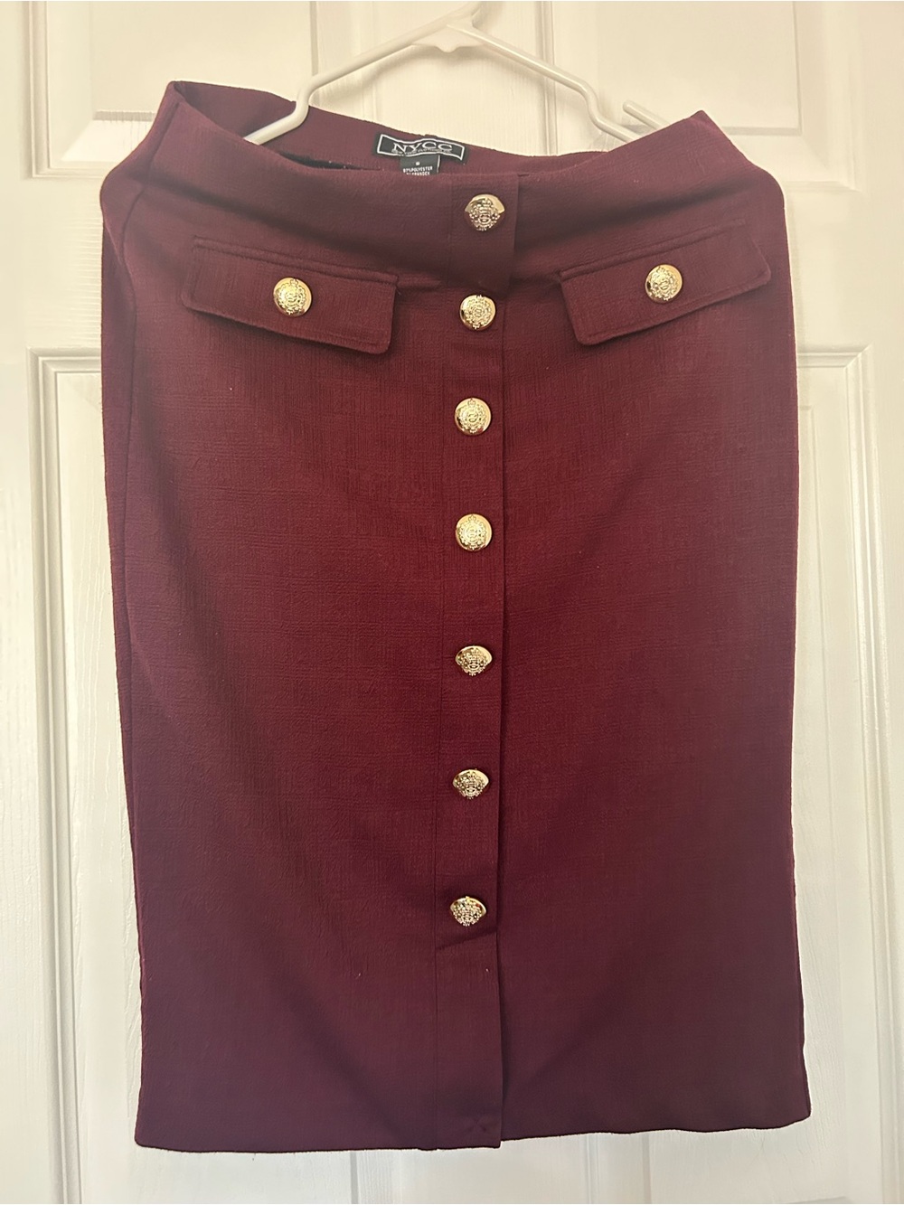 New York & Company Burgundy Pencil Skirt with Gold Buttons